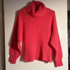 1980s Georgie Porgie Coral Pink Cowl Neck Turtleneck Sweater Ribbed Waist